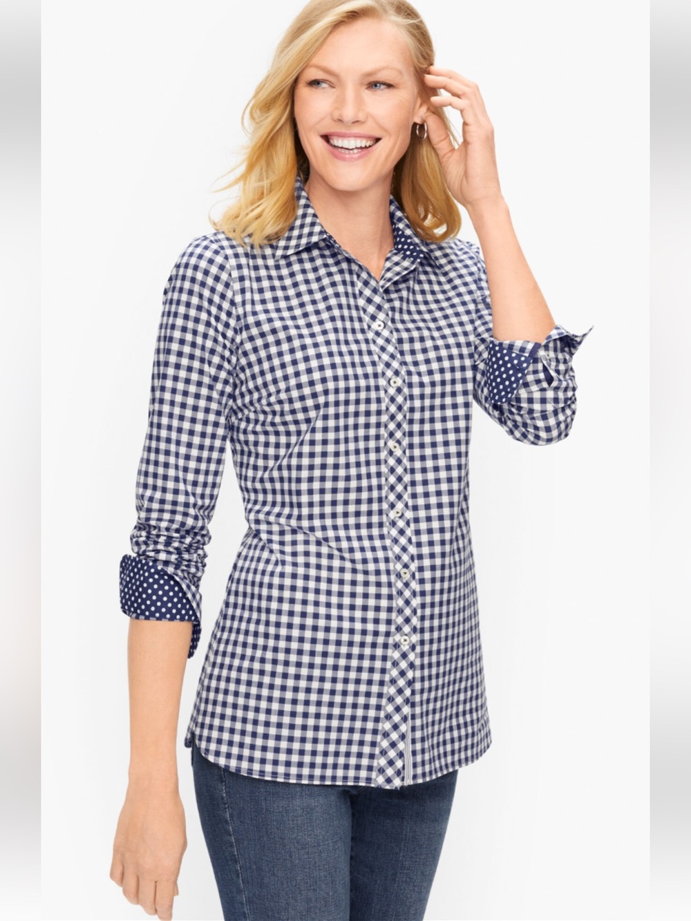 Talbots Navy and White Gingham Button-Down Shirt